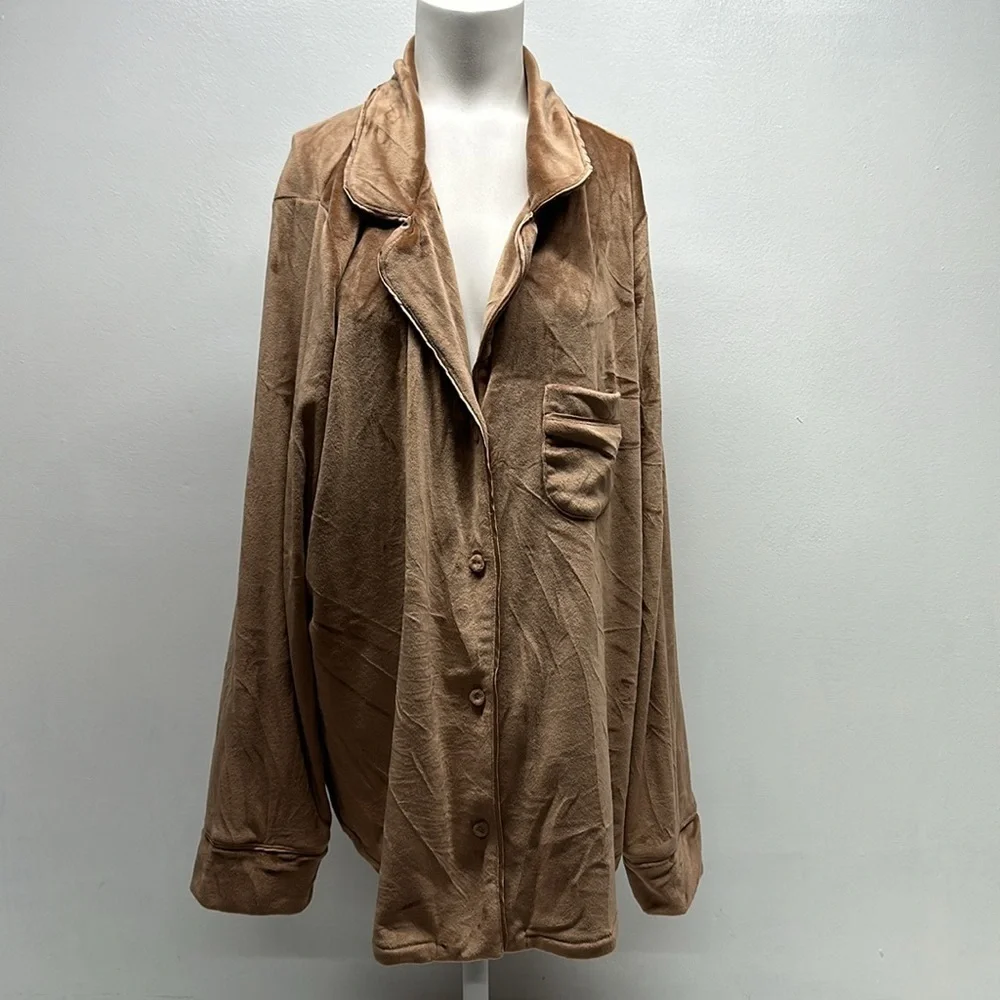 Skims Velour Button Up Sleep Shirt Collared Crushed Velvet Top Tan Plus Size 2X